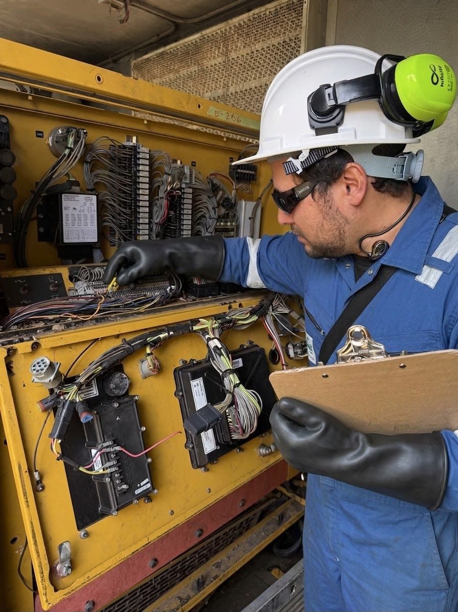 Técnico de RVF inspeccionando el panel de control de un motogenerador